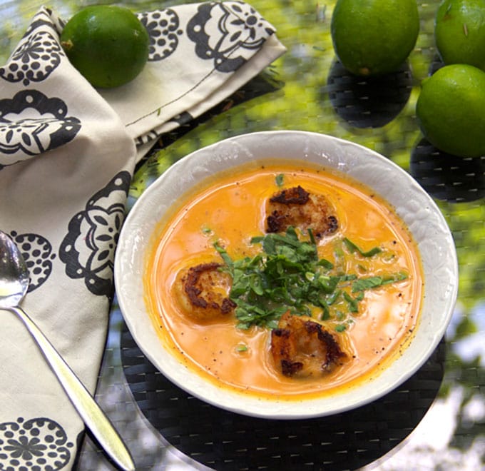 The creamy coconut and sweet potato soup pairs beautifully with zesty spice-crusted shrimp. Delicious and company-worthy. [dairy-free]