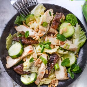 sliced grilled chicken arranged on a plate with grilled shiitakes mushrooms, cabbage, cucumbers, chopped scallions and chopped peanuts.