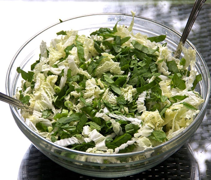 This Asian cabbage salad is what you want for dinner on a warm summer night, a refreshing and substantial dinner salad with cold crisp cucumbers, cabbage, spinach and mint tossed in an addictively good sesame-ginger-garlic dressing and topped with fresh-off-the-grill marinated chicken and shiitake mushrooms l www.panningtheglobe.com