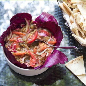 This roasted eggplant dip recipe is one of my favorite summer appetizers, and it's so simple to make. Just bake the eggplant, chop it, and mix it with sliced tomato and red onion plus some oil, vinegar, garlic, salt and pepper. Serve it with toasted pita points, tortilla chips or crackers. 