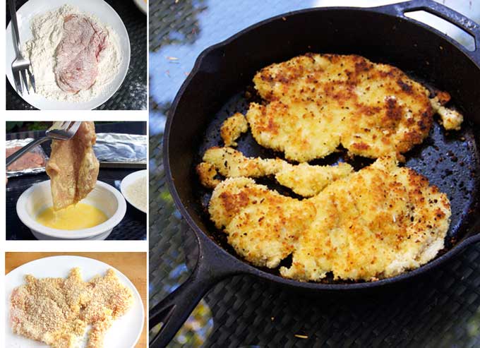 three photos on how to bread chicken for chicken parmesan, first dredge the chicken cutlet in flour, then dip in egg, then coat with bread crumbs, then brown in a skillet.