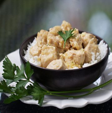 White Chicken Korma is a creamy, yogurt based curry that's beautifully spiced yet mild enough for the whole family. Serve with steamed white rice to soak up all the delicious sauce. It's a quick easy recipe. Dinner can be on the table in 35 minutes.