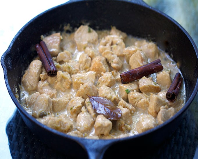 White Chicken Korma is a creamy, yogurt based curry that's beautifully spiced yet mild enough for the whole family. Serve with steamed white rice to soak up all the delicious sauce. It's a quick easy recipe. Dinner can be on the table in 35 minutes. 