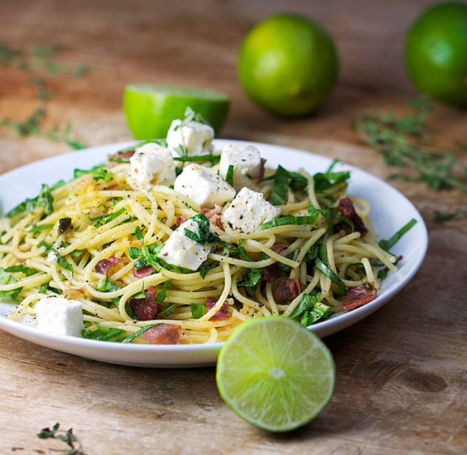 Pasta with Prosciutto, Arugula and Feta cheese and lime juice
