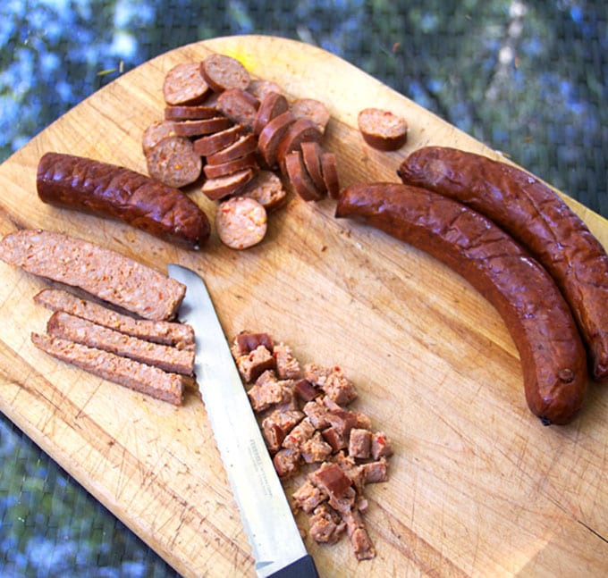 how to cut and chop sausages for Caldo Verde: Portuguese sausage, kale, potato soup