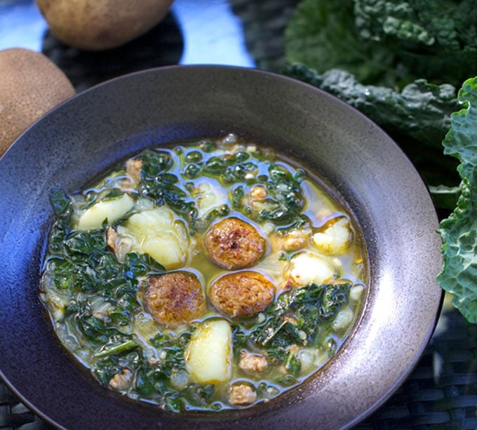 A bowl of Portuguese Sausage Kale Potato Soup