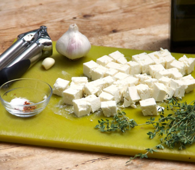 feta cubes and garlic and spices 