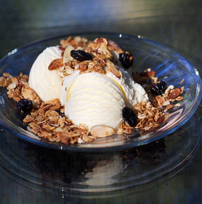 Vanilla Toasted Almond Granola over ice cream