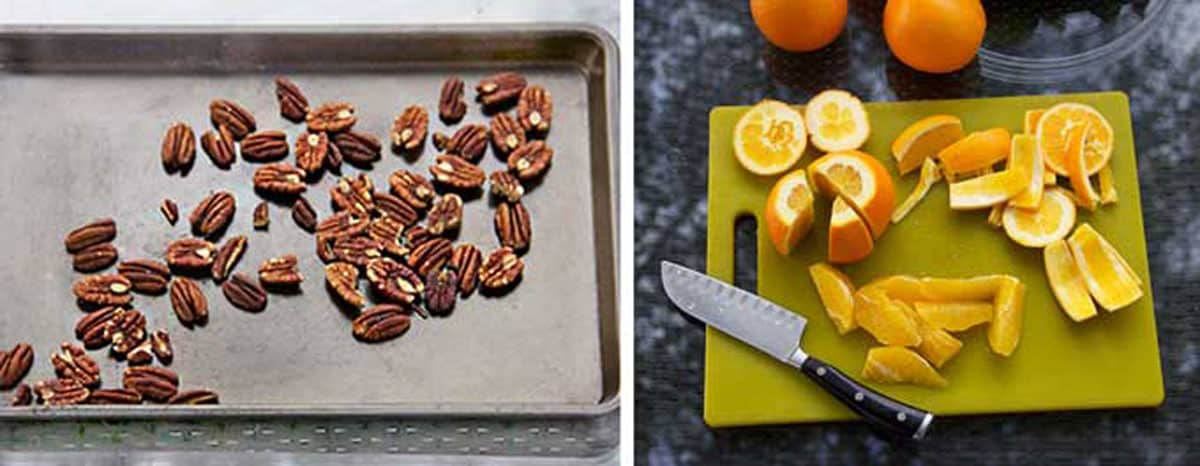 toasted pecans on a sheet pan, oranges cut into segments on a cutting board with a knife.