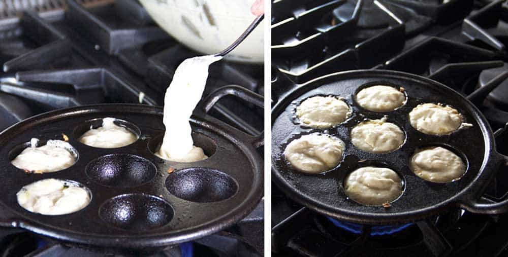 how to make aebleskiver: pouring pancake batter into an aebleskiver pan