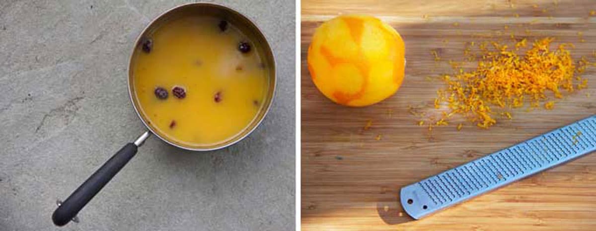 Small saucepan with cranberries soaking in orange juice, a cutting board with an orange that has been zested, the zester and the orange zest.