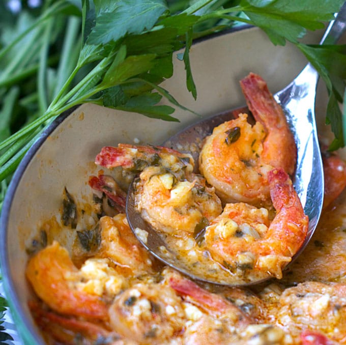 a casserole of garlicky shrimp with feta cheese