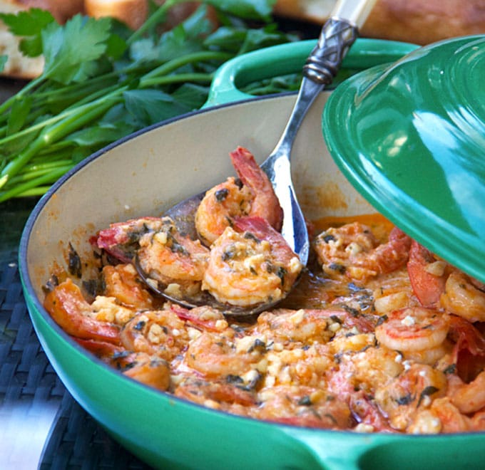 A casserole of shrimp with garlic, feta and spices