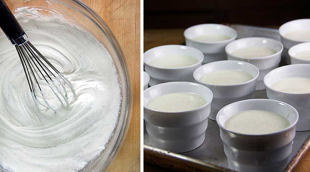 how to make vanilla panna cotta - whisking cream and vanilla and pouring it into ramekins.