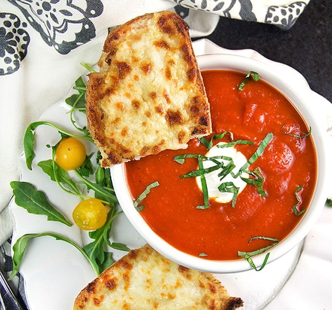 Open faced oven grilled cheese and tomato soup