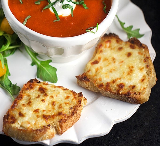 Open faced Grilled cheese with tomato soup 