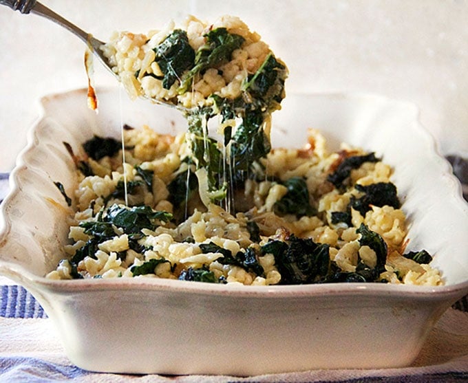 Spaetzle with Caramelized Onions Wilted Greens and Gruyere