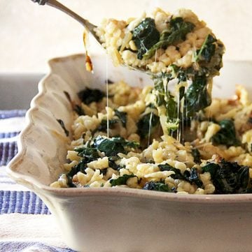 Spaetzle with Caramelized Onions, Wilted Greens and Gruyere