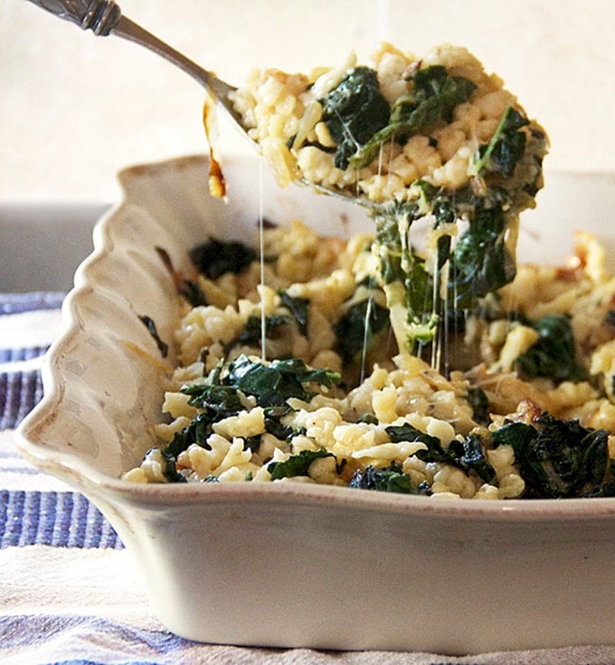 Spaetzle with Caramelized Onions, Wilted Greens and Gruyere