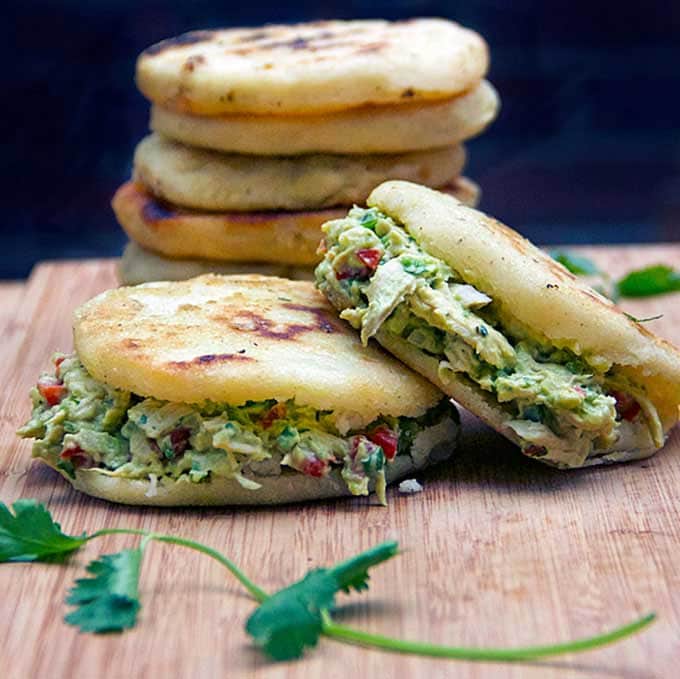 Venezuelan arepas stuffed with avocado chicken salad