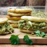 Arepas stuffed with chicken avocado salad