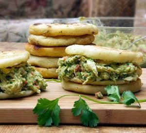 Arepas stuffed with chicken avocado salad