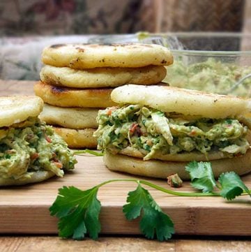 Arepas stuffed with chicken avocado salad