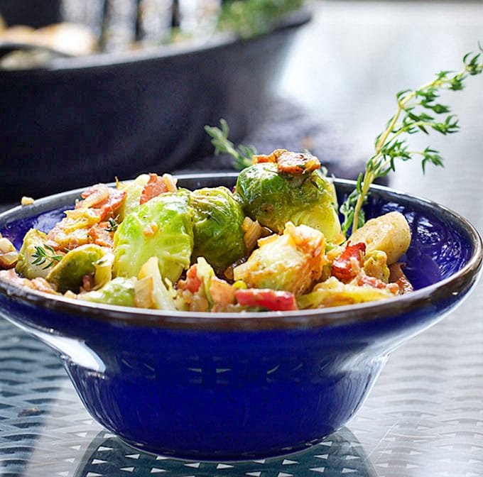 Skillet brussels sprouts: browned and caramelized with bacon, shallots & sherry vinaigrette. This is a stellar dish, a recipe worthy of a special occasion.