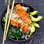 Teriyaki Salmon Rice Bowl with Spinach and Avocado | Panning The Globe
