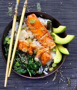 Teriyaki Salmon Rice Bowl with Spinach and Avocado | Panning The Globe
