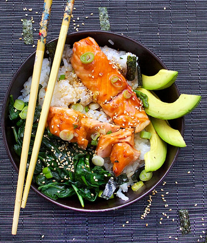 Teriyaki Salmon Rice Bowl with Spinach, Avocado and Sesame-Nori Confetti