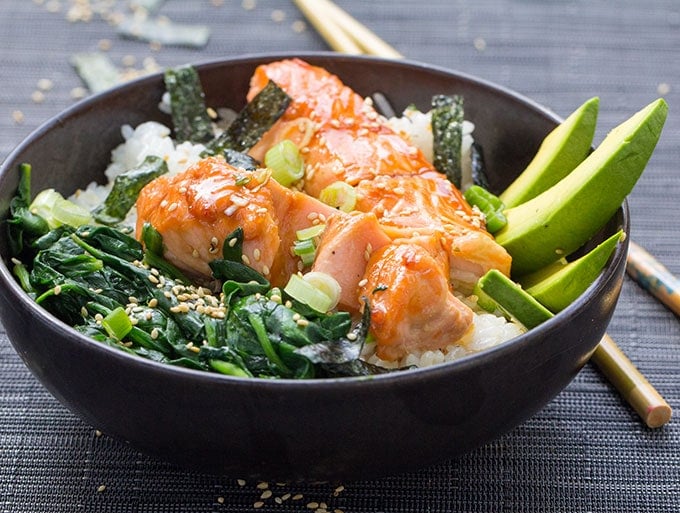 Teriyaki Salmon Rice Bowl with Spinach, Avocado and Sesame-Nori Confetti|Panning The Globe