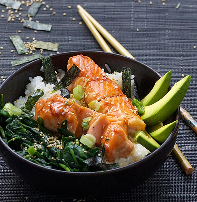 Teriyaki Salmon Rice bowl with Spinach, Avocado and Sesame Nori Confetti