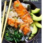 teriyaki salmon rice bowl with spinach, avocado and sesame-nori confetti