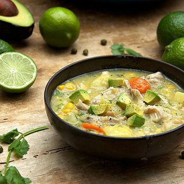 Colombian Chicken Soup: Creamy with no cream or dairy - thickened with potatoes and corn.