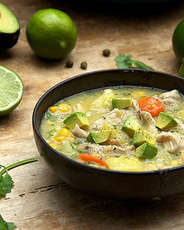 Colombian Chicken Soup: Creamy with no cream or dairy - thickened with potatoes and corn.