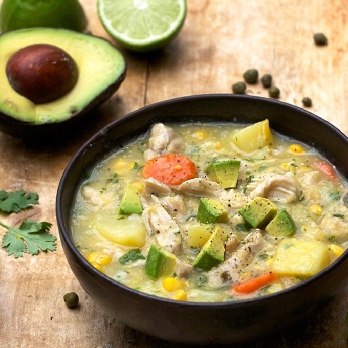 Colombian Chicken Soup with creamy corn-potato broth and lots of veggies