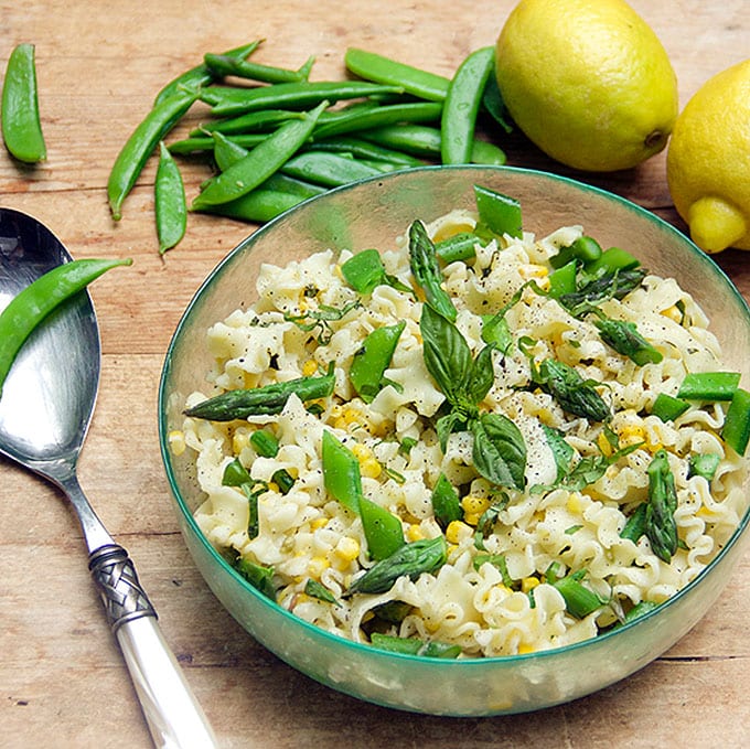 Pasta with asparagus, corn, snow peas and lemony dressing