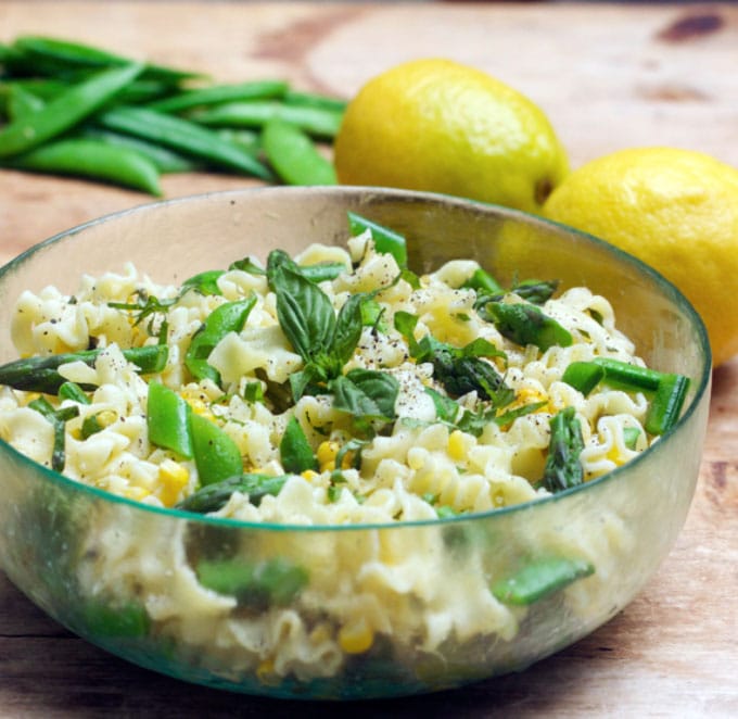 bowl of pasta salad with vegetables