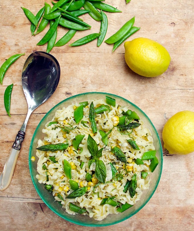 Lemony pasta with corn, asparagus and snow peas.