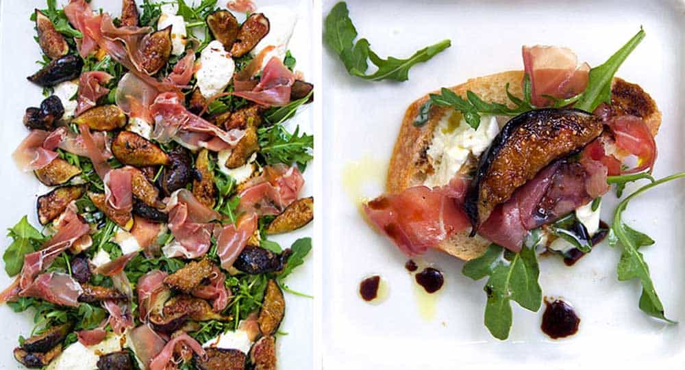 two ways to serve grilled figs, prosciutto and burrata appetizer: on a big platter, as bruschetta on a slice of baguette