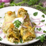 Chicken Enchiladas Verdes is a beloved Mexican recipe but it's the roasted tomatillo salsa that takes it over the top! Chicken, cheese, corn tortillas + roasted tomatillo sauce = super delicious! | panningtheglobe.com