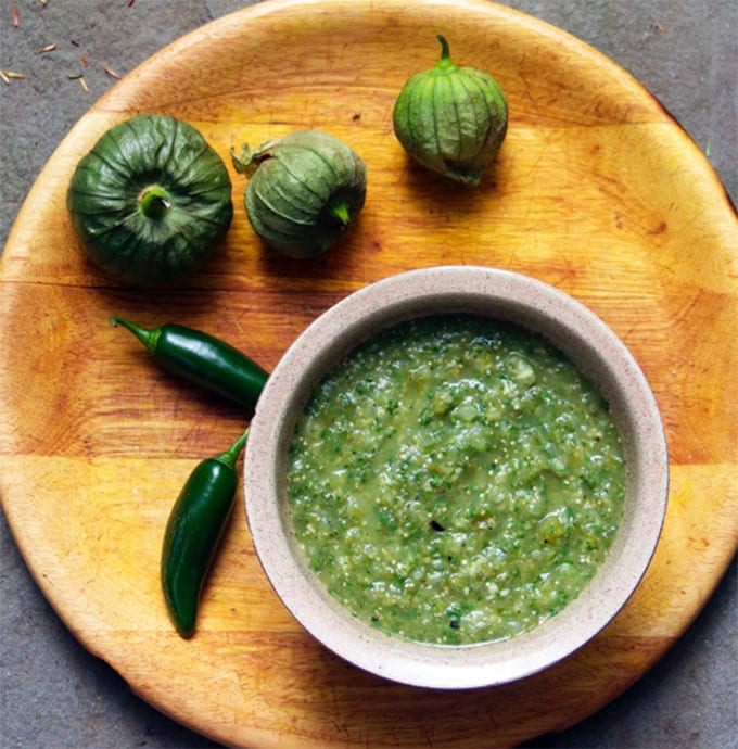 Roasted tomatillo salsa with fresh tomatillos and jalapenos