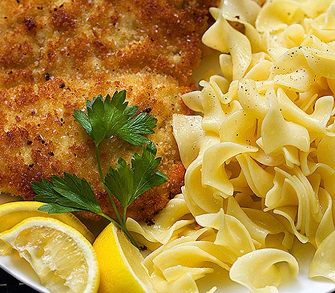 Chicken Schnitzel with noodles