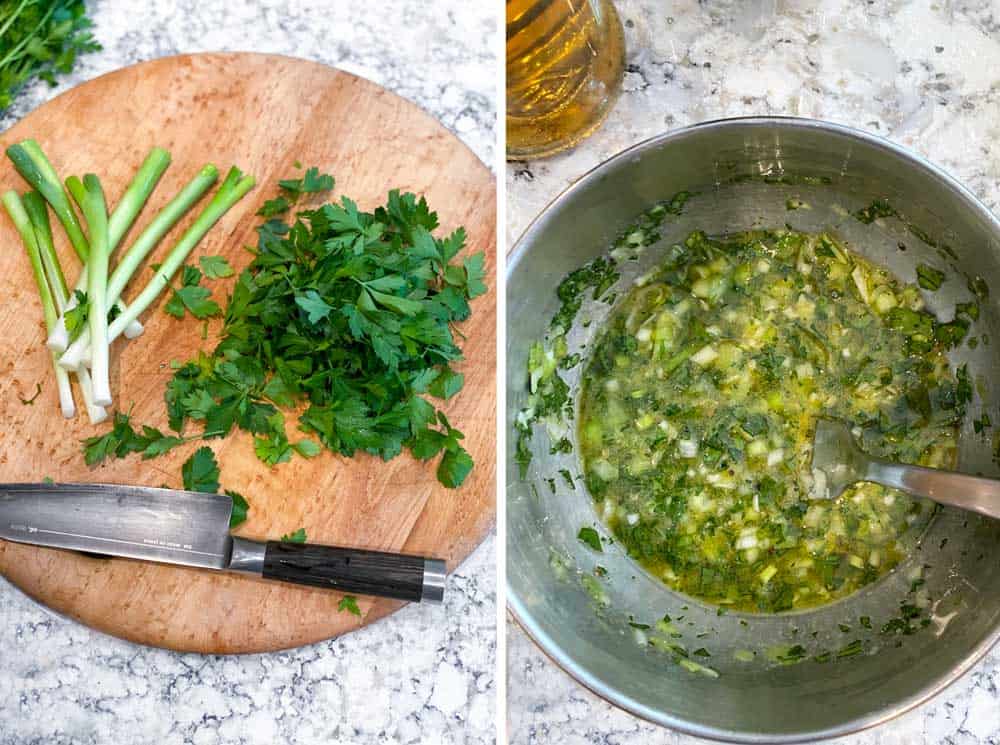 a bunch of scallions and a pile of parsley leaves on a round wooden cutting board, another photos looking down into a bowl of dijon vinaigrette with fresh chopped herbs