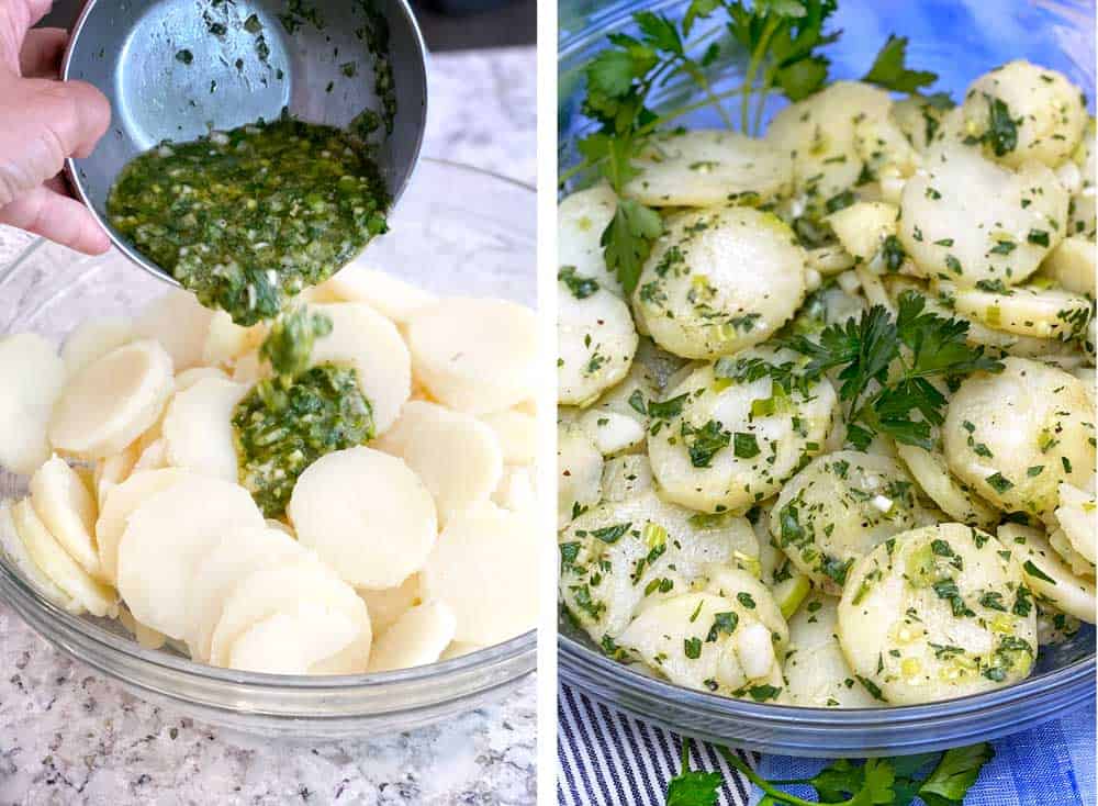 Herby dijon vinaigrette being poured out of a metal mixing bowl into a bowl of thinly sliced boiled potatoes, next photo shows the finished potato salad after being tossed with the vinaigrette