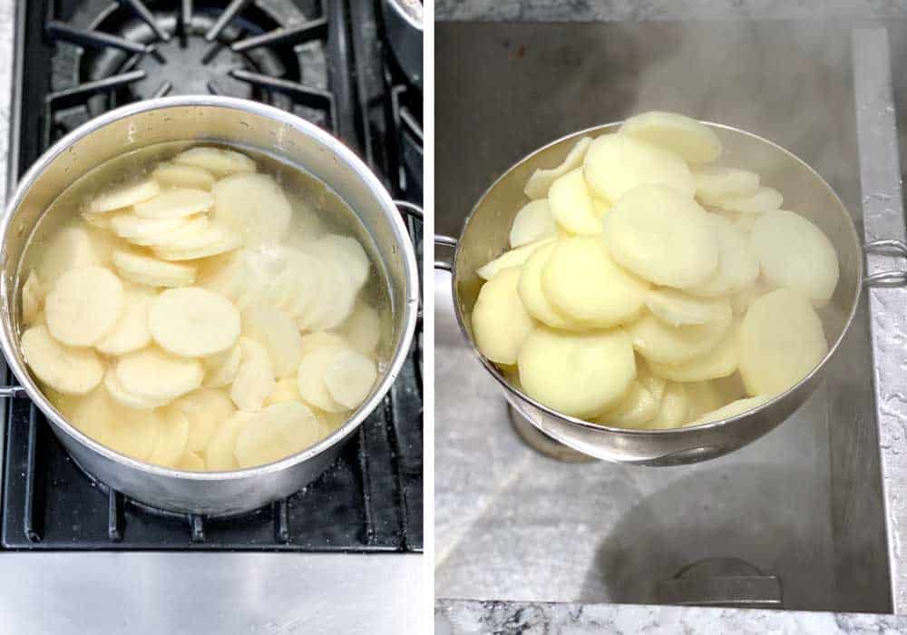 pot of thinly sliced potatoes in water, ready for boiling, second photo show the cooked potatoes draining in a metal colander. 