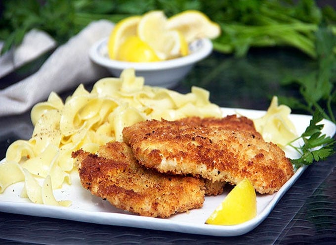 delicious chicken schnitzel with noodles recipe by Panning The Globe