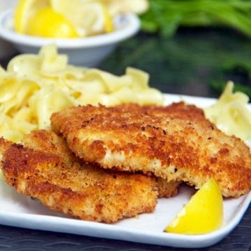 Chicken Schnitzel, crisp on the outside, tender inside