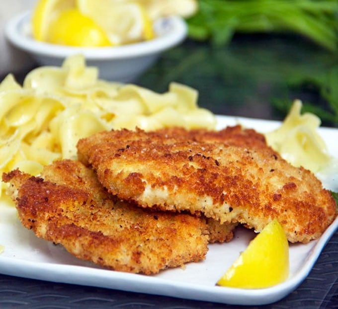 Chicken Schnitzel, crisp on the outside, tender inside